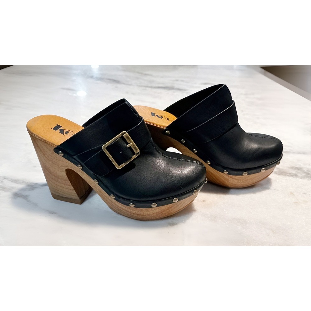 Korks Black Leather Wood Clogs Buckle Studded Heel Mule Shoes Women Size 6 - Picture 2 of 5